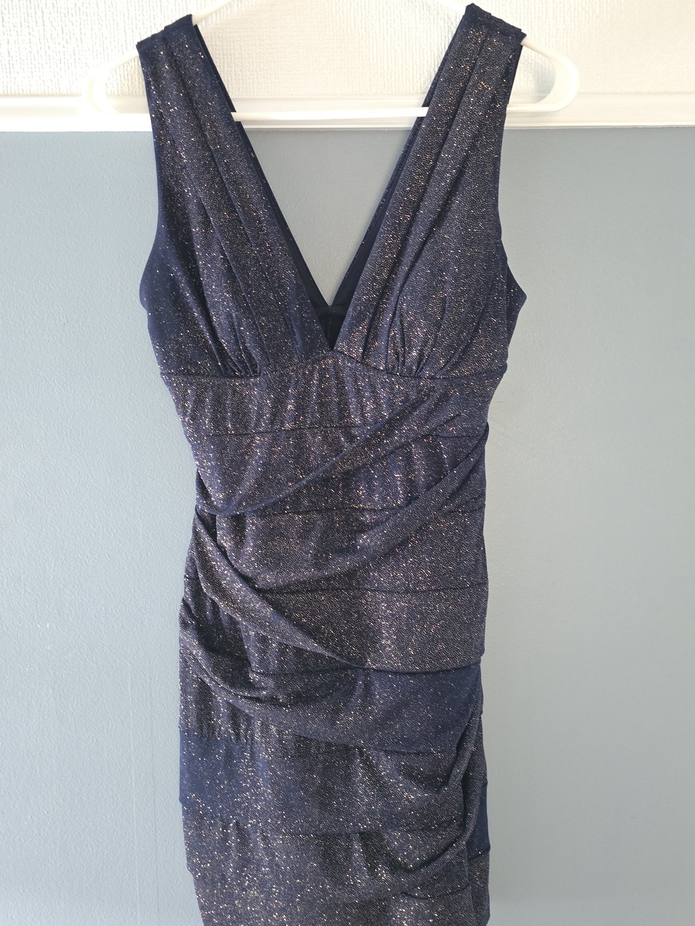 Emerald Sundae Navy Sparkle V-Neck Ruched Cocktail Dress